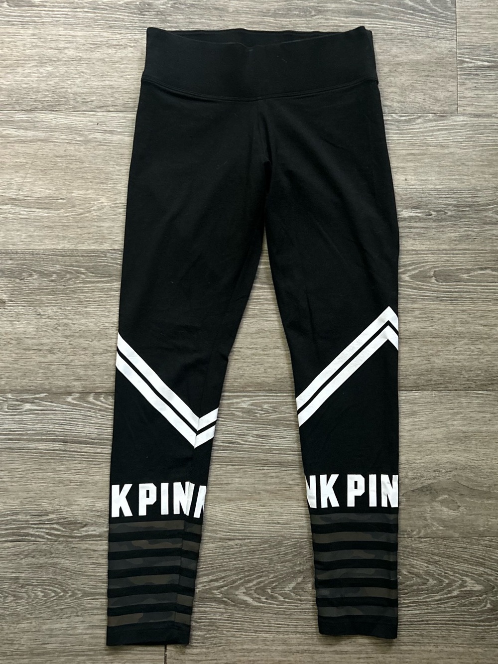 Victoria's Secret Pink Black Leggings with White Chevron & Logo